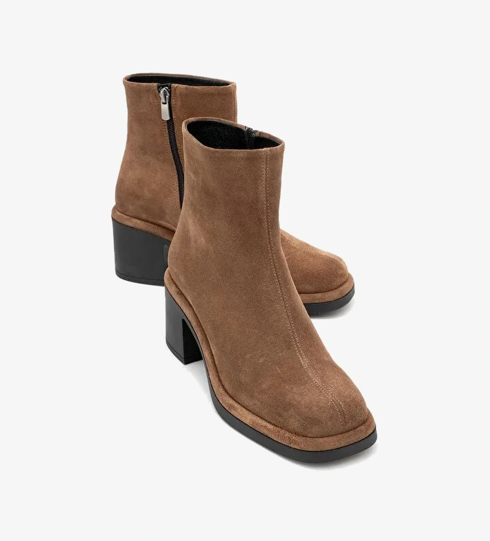 JUNAE Taba Süet Hakiki Deri Kadın Kalın Topuklu Bot - Görsel 1