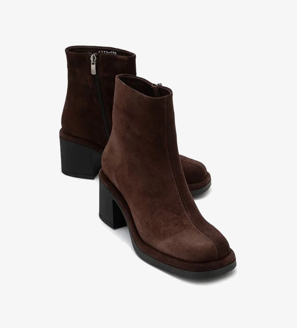 JUNAE Kahverengi Süet Hakiki Deri Kadın Kalın Topuklu Bot - Görsel 1