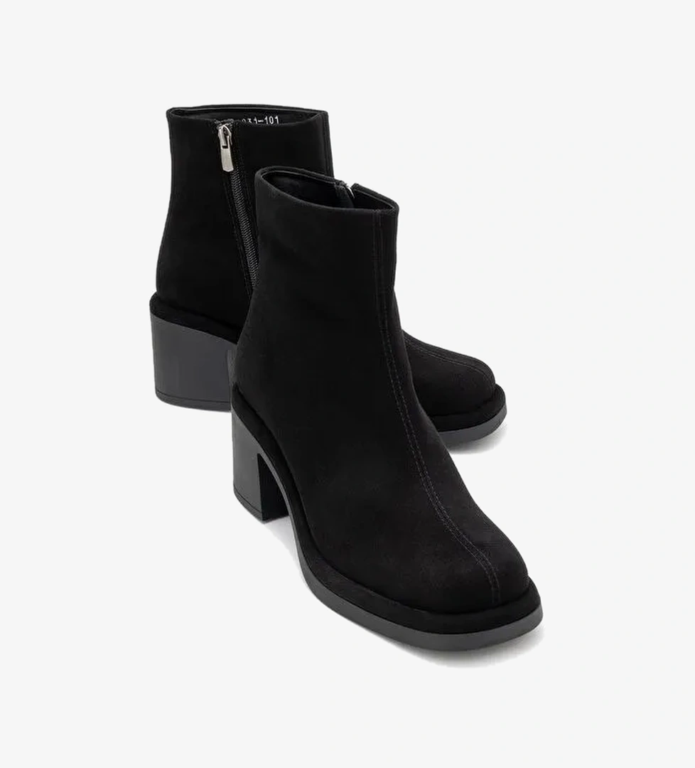 JUNAE Siyah Süet Hakiki Deri Kadın Kalın Topuklu Bot - Görsel 1