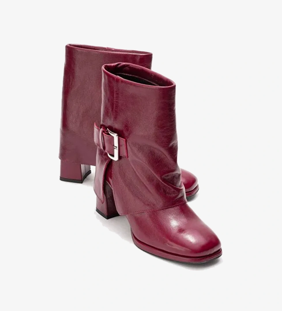 LORE Bordo Kırışık Rugan Hakiki Deri Tokalı Kadın Topuklu Bot - Görsel 1
