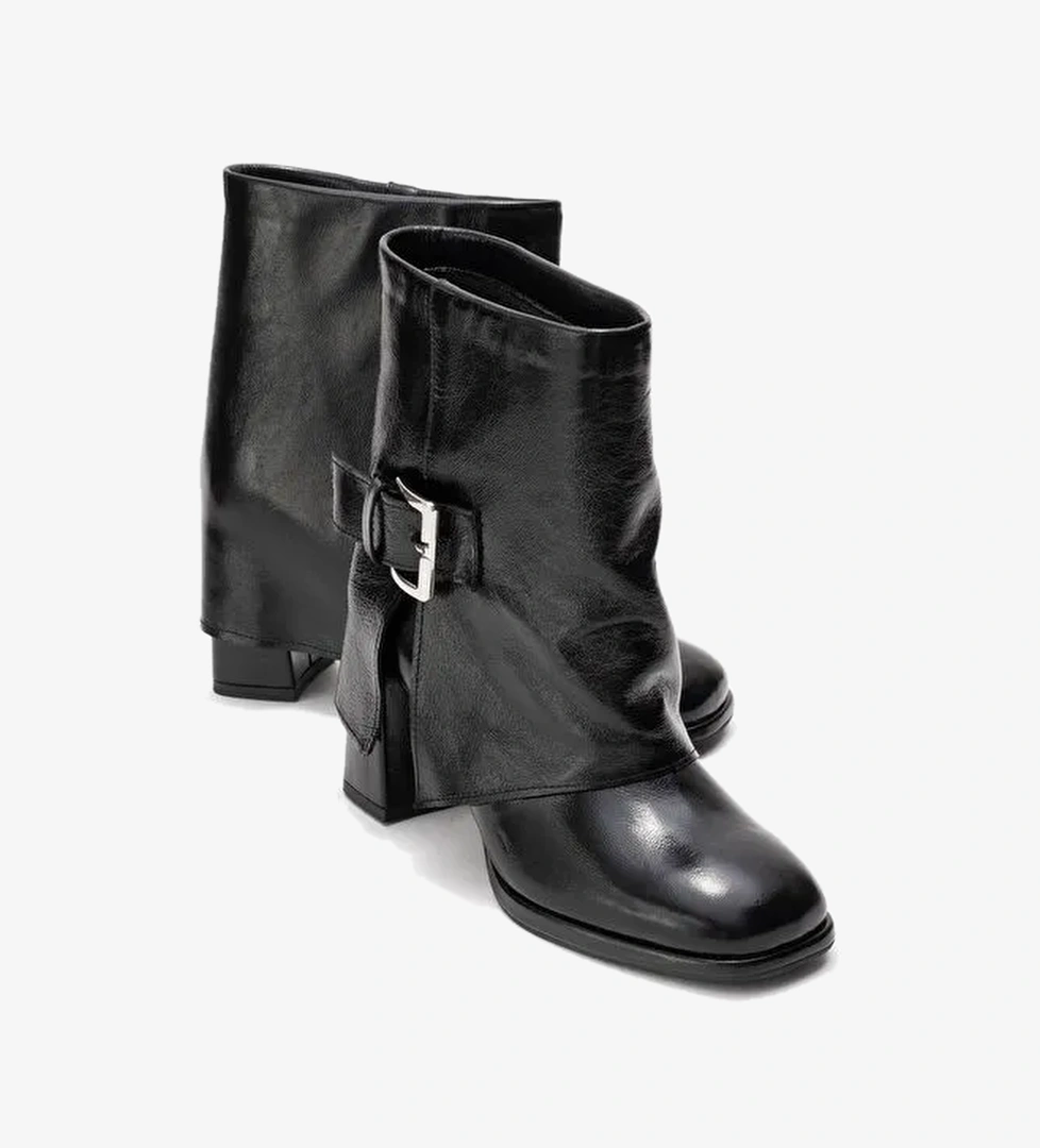 LORE Siyah Kırışık Rugan Hakiki Deri Tokalı Kadın Topuklu Bot - Görsel 1