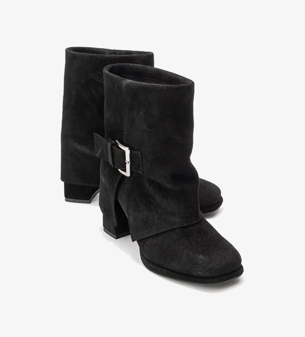 LORE Siyah Süet Hakiki Deri Tokalı Kadın Topuklu Bot - Görsel 1