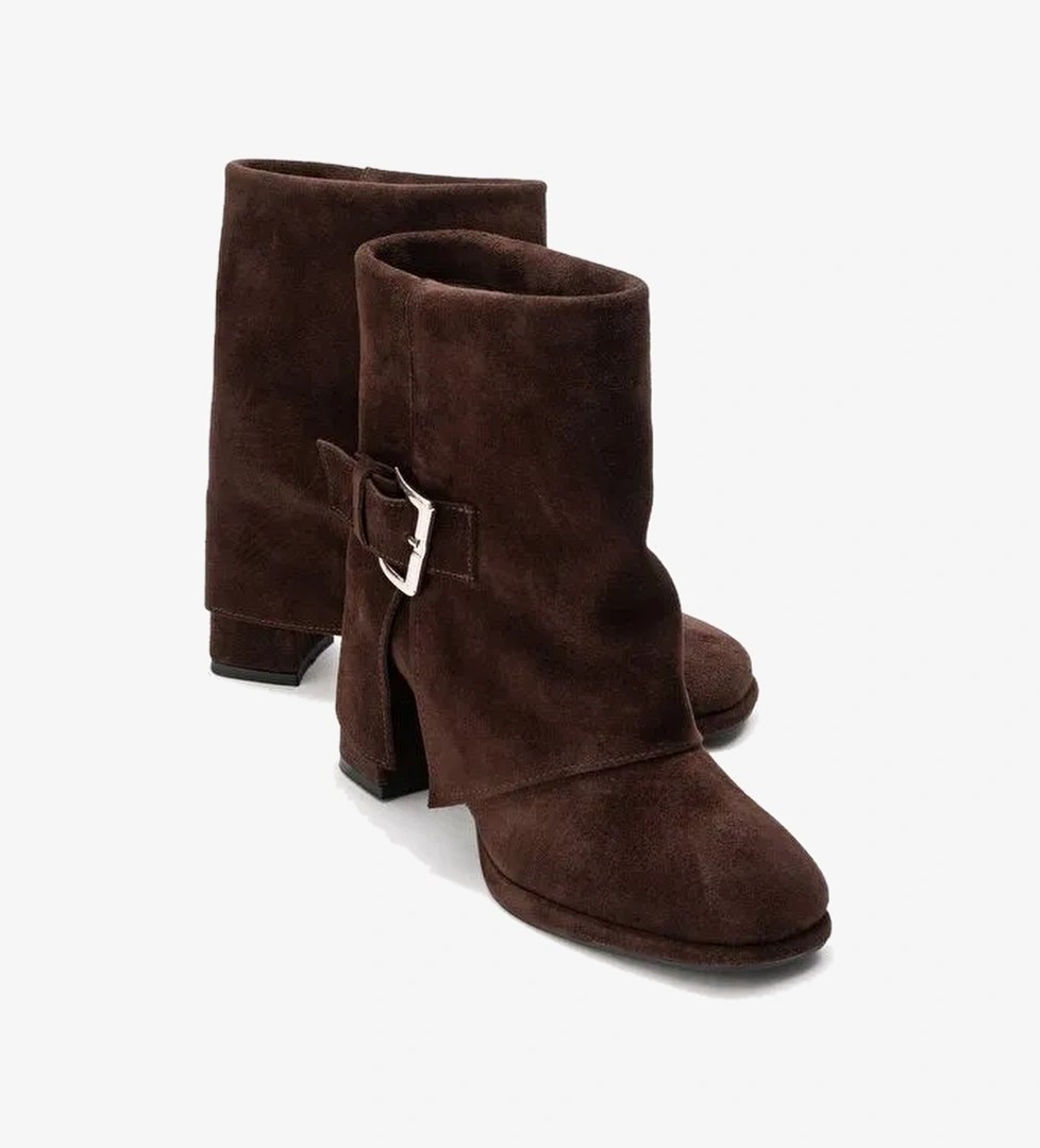 LORE Kahverengi Süet Hakiki Deri Tokalı Kadın Topuklu Bot - Görsel 1