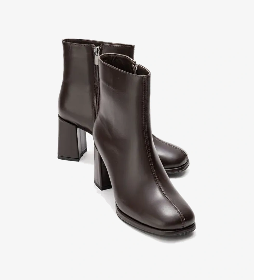 NAPOLI Kahverengi Cilt Hakiki Deri Kadın Kalın Topuklu Bot - Görsel 1