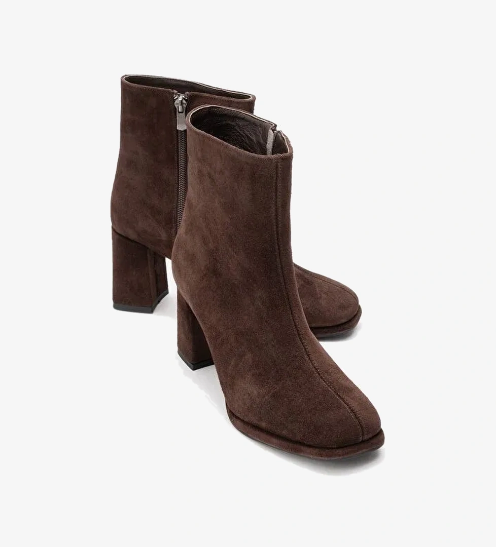 NAPOLI Kahverengi Süet Hakiki Deri Kadın Kalın Topuklu Bot - Görsel 1