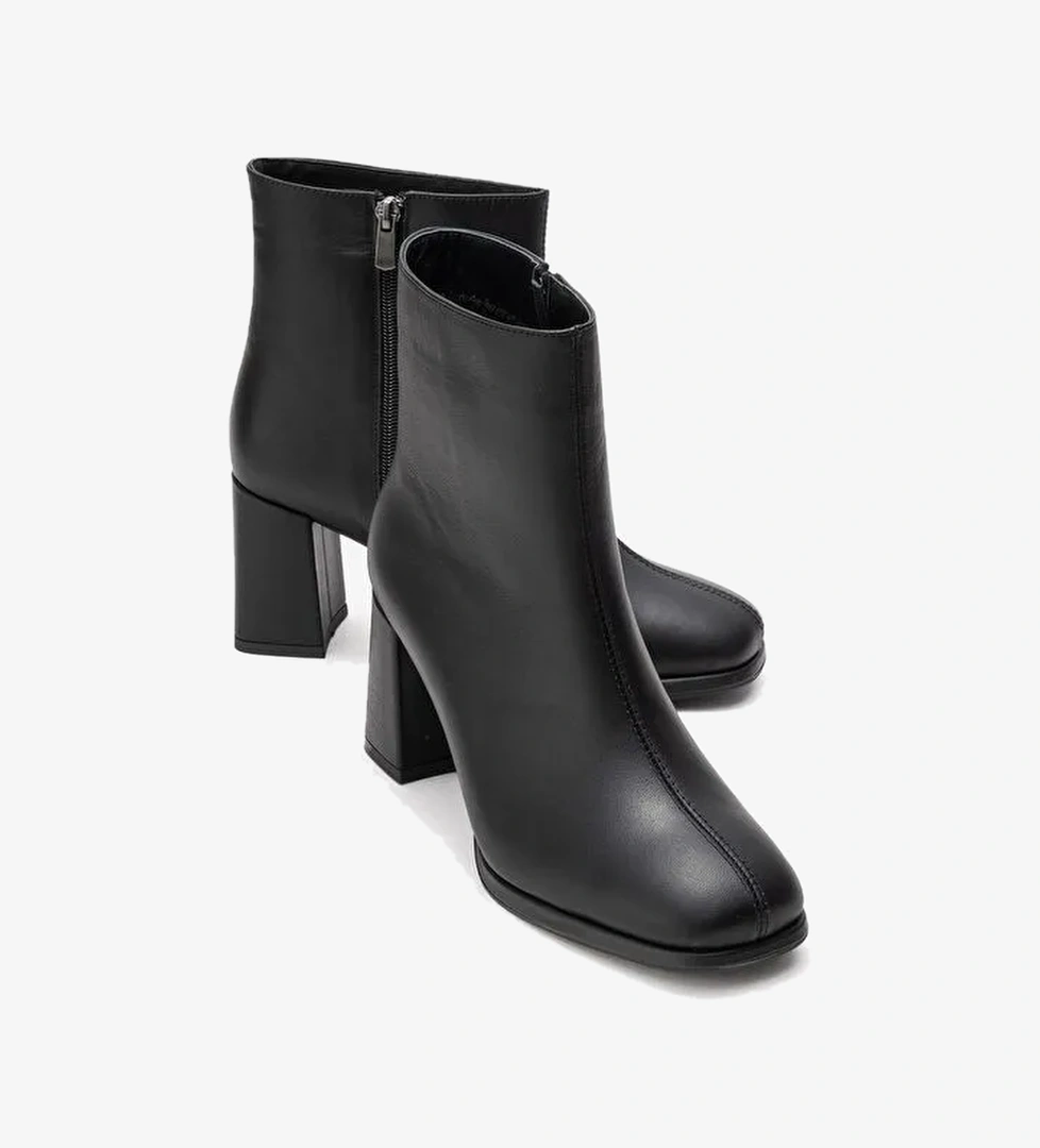 NAPOLI Siyah Cilt Hakiki Deri Kadın Kalın Topuklu Bot - Görsel 1