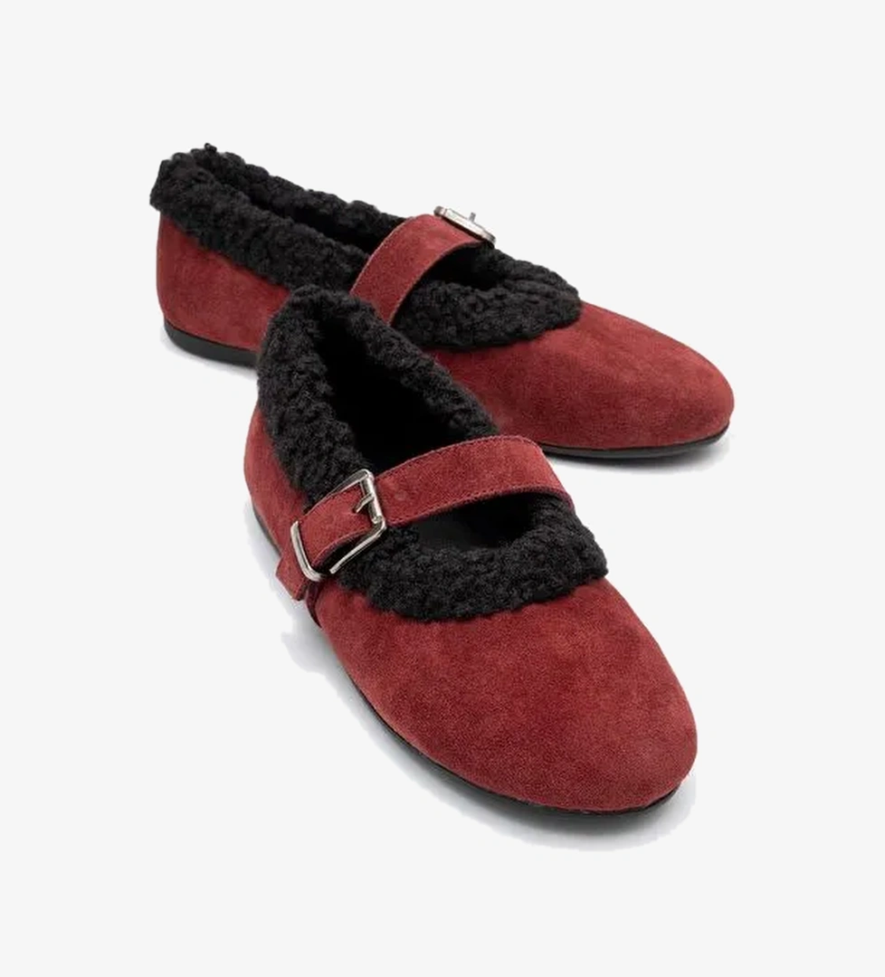 GUIN Bordo Süet Hakiki Deri Peluş Detaylı Kemerli Kadın Babet Ayakkabı - Görsel 1