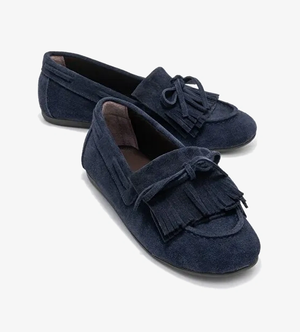 AXELI Lacivert Süet Hakiki Deri Fiyonklu Saçaklı Kadın Loafer Ayakkabı - Görsel 1