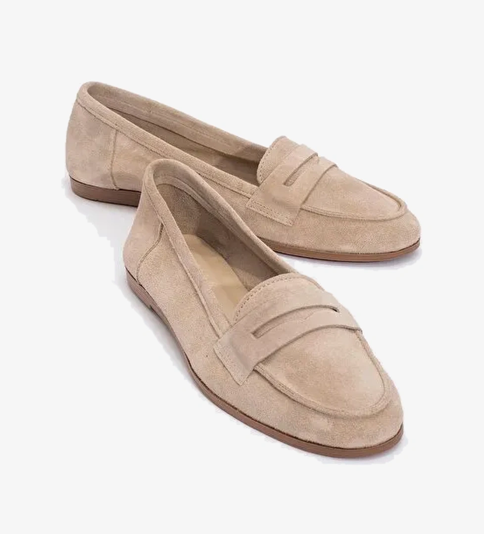 TORY Bej Süet Hakiki Deri Kadın Loafer Ayakkabı - Görsel 1