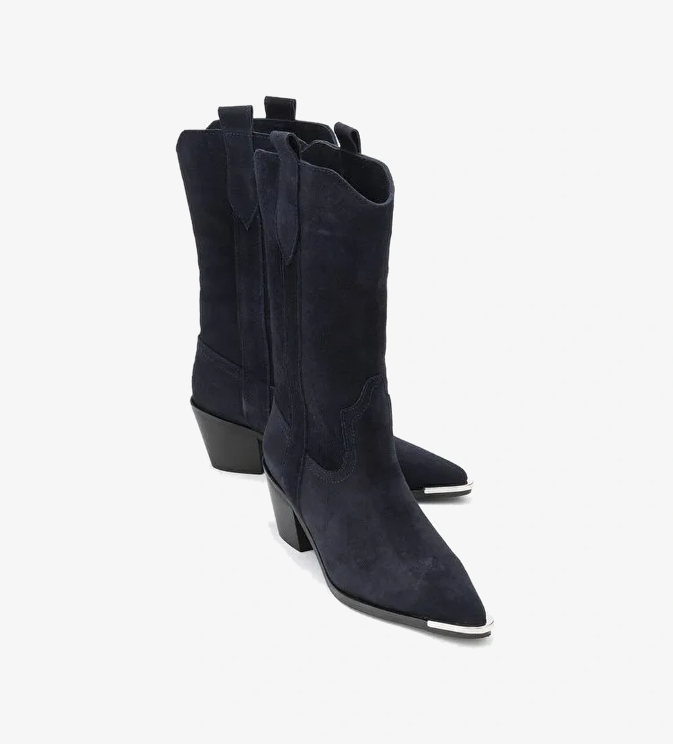 ALVI Lacivert Süet Hakiki Deri Metal Detaylı Kadın Western Bot - Görsel 1