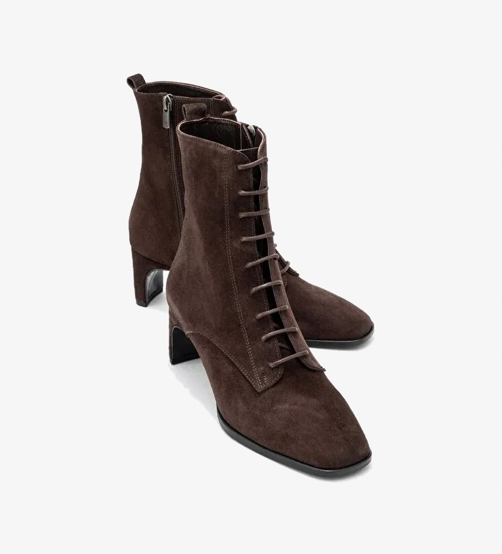 SUDY Kahverengi Süet Hakiki Deri Bağcıklı Kadın Blok Topuklu Bot - Görsel 1