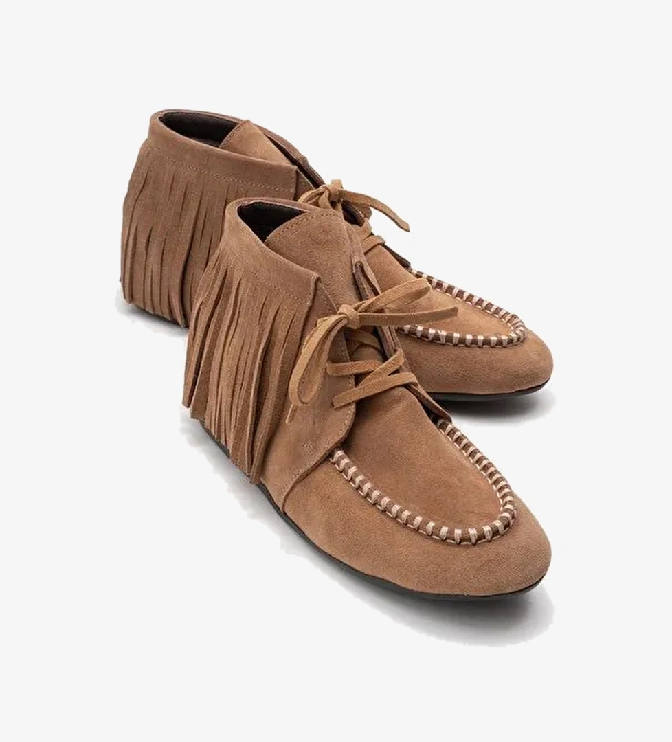 RAUX Toprak Süet Hakiki Deri Saçaklı Kadın Bilekte Bot - Görsel 1