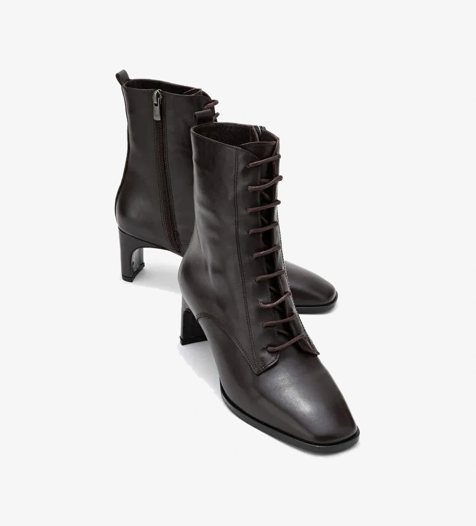 SUDY Kahverengi Cilt Hakiki Deri Bağcıklı Kadın Blok Topuklu Bot - Görsel 1