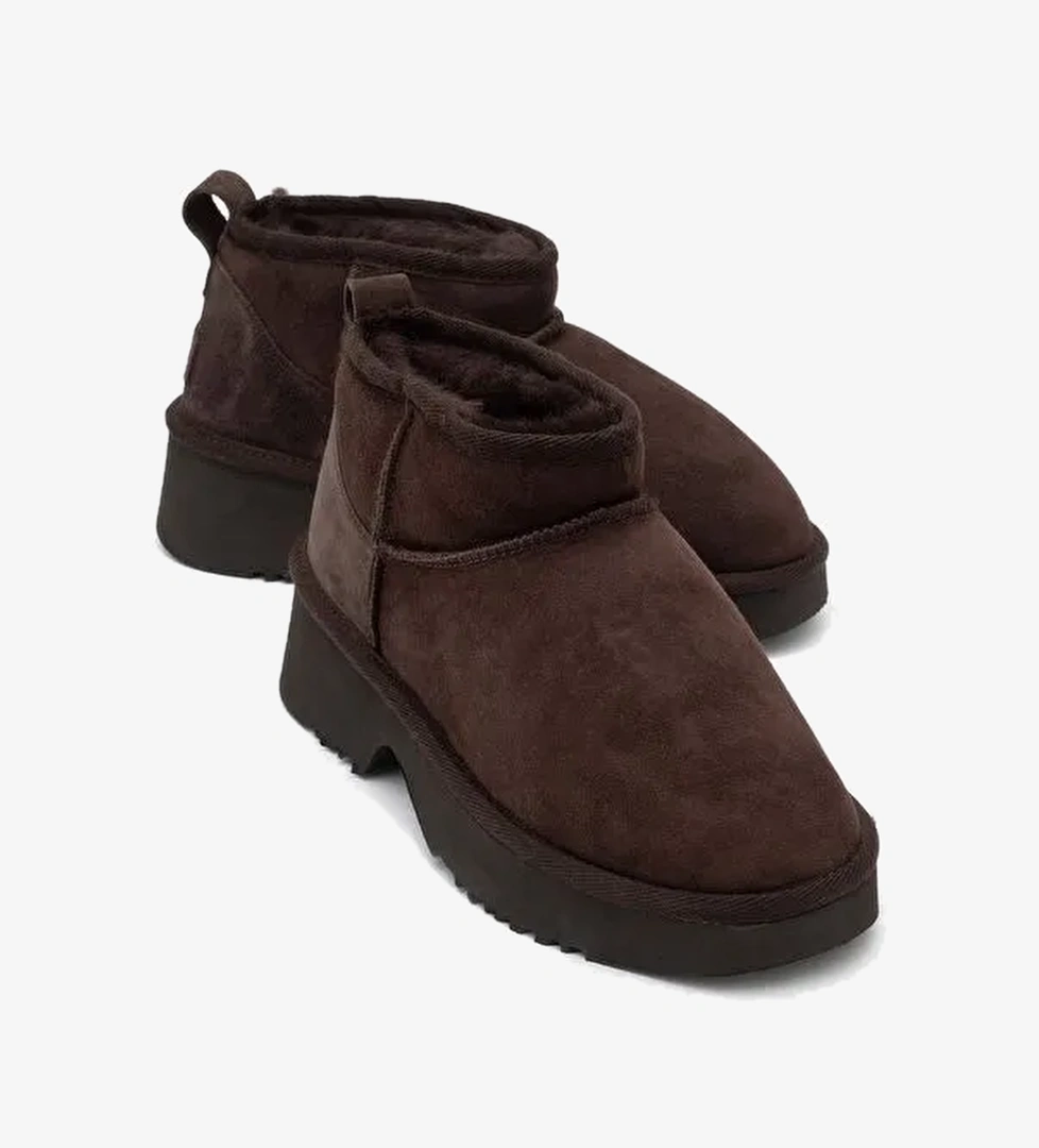 ARY Kahverengi Süet Hakiki Deri Kürklü Platform Tabanlı Kadın Mini Bot - Görsel 1