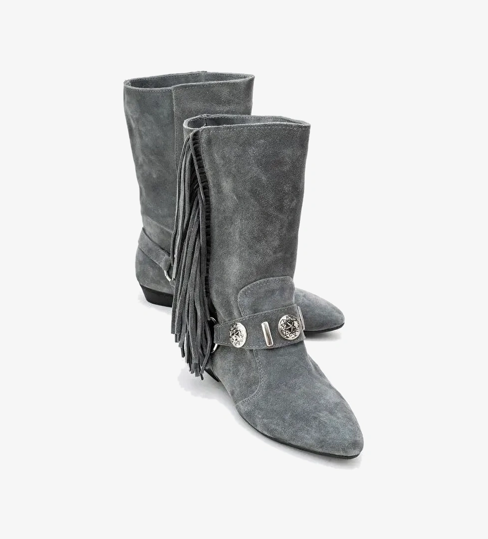 SELORA Gri Süet Püsküllü Hakiki Deri Tokalı Kadın Western Bot - Görsel 1