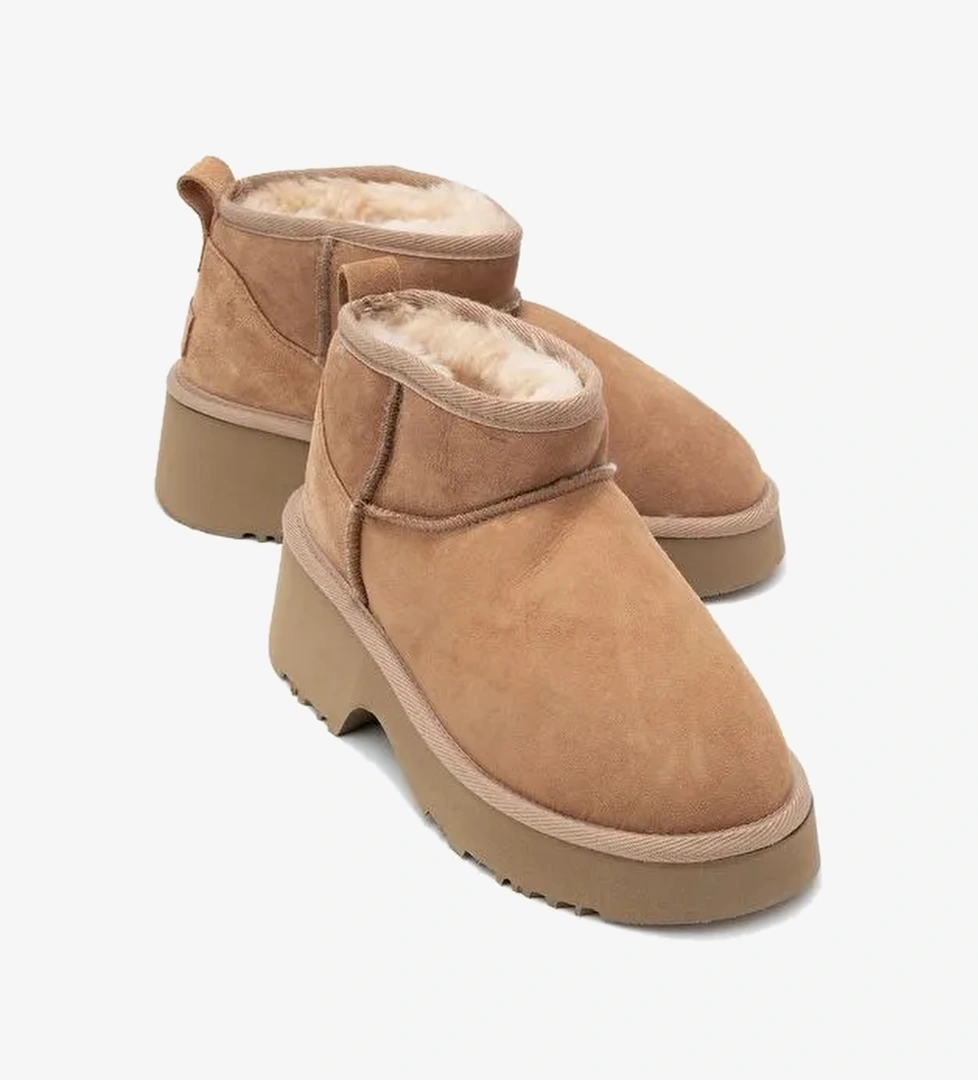 ARY Taba Süet Hakiki Deri Kürklü Platform Tabanlı Kadın Mini Bot - Görsel 1