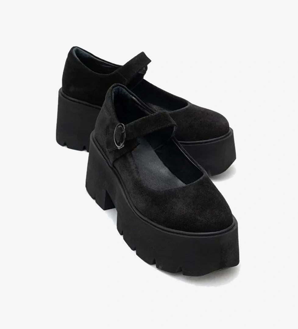 ORINA Siyah Süet Hakiki Deri Kalın Tabanlı Kadın Günlük Ayakkabı - Görsel 1