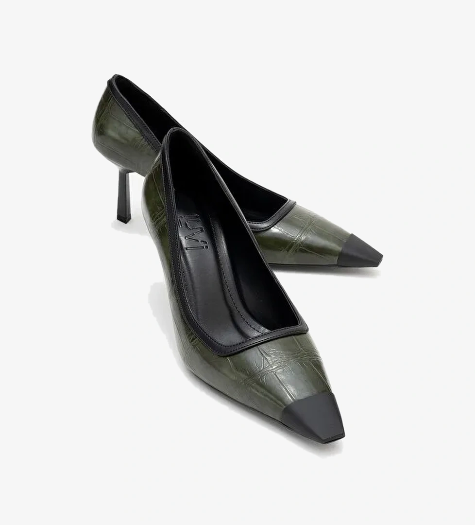 RONA Yeşil Baskı Mat Burunlu Kadın Topuklu Ayakkabı - Görsel 1