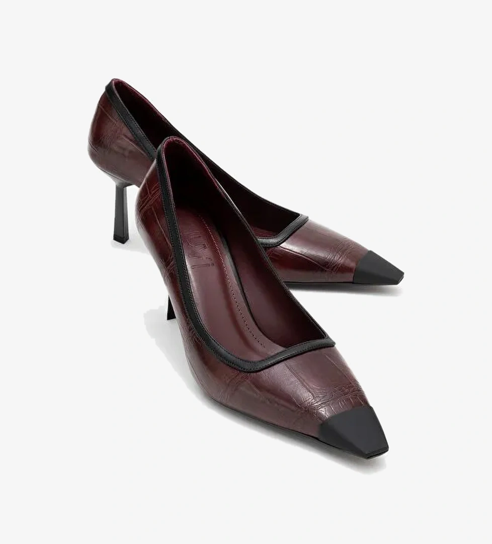 RONA Bordo Baskı Mat Burunlu Kadın Topuklu Ayakkabı - Görsel 1