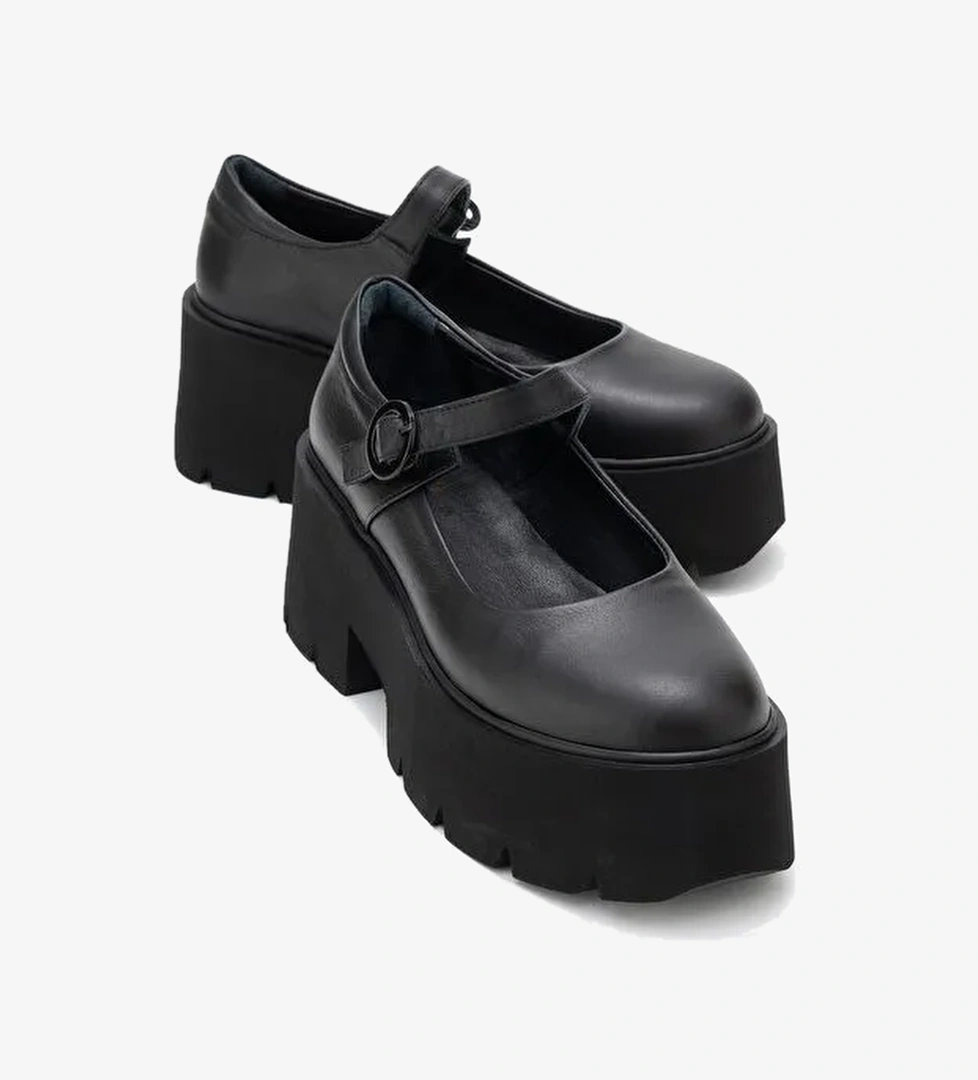 ORINA Siyah Cilt Hakiki Deri Kalın Tabanlı Kadın Günlük Ayakkabı - Görsel 1