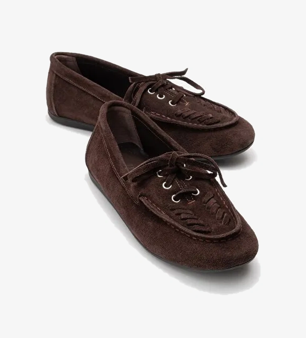 LORVEN Kahverengi Süet Hakiki Deri Bağcıklı Kadın Loafer Ayakkabı