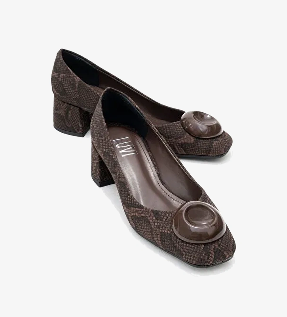 MILA Kahverengi Desenli Tokalı Kare Burunlu Kadın Kalın Topuklu Ayakkabı - Görsel 1