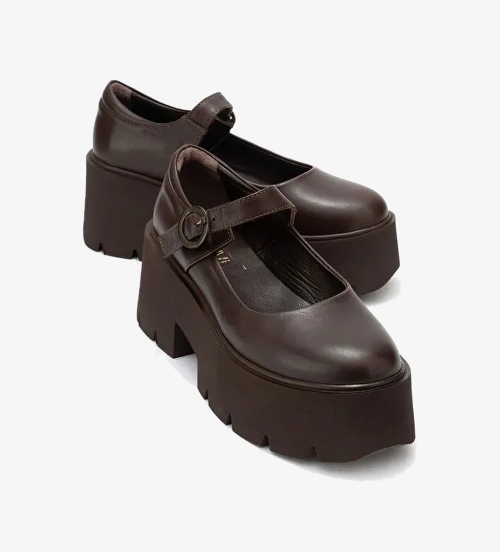 ORINA Kahverengi Cilt Hakiki Deri Kalın Tabanlı Kadın Günlük Ayakkabı - Görsel 1