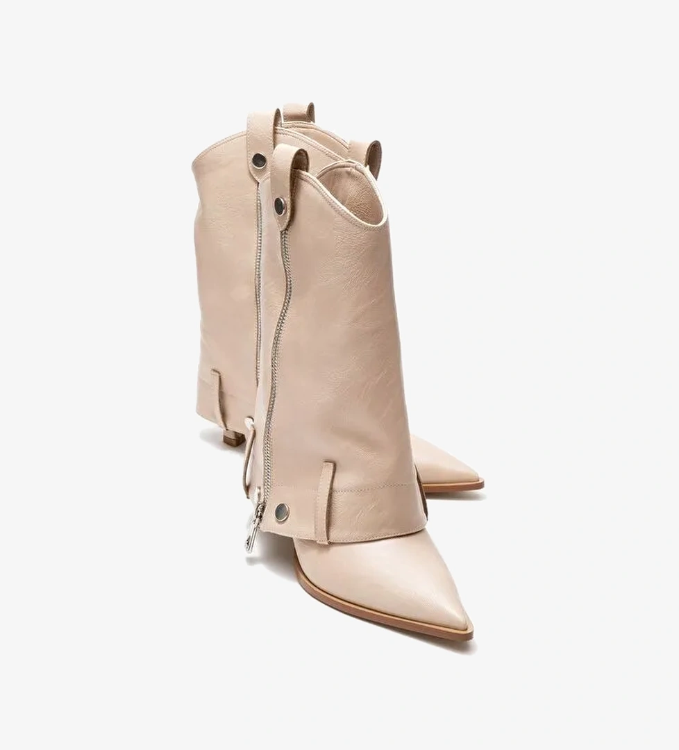 LOLA Bej Fermuarlı Sivri Burunlu Kadın Topuklu Bot - Görsel 1