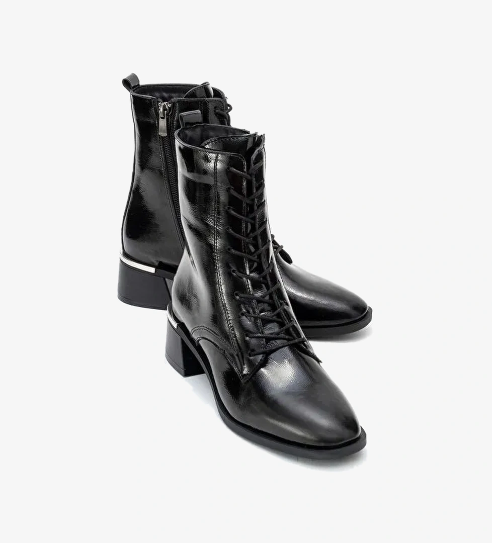 AVIA Siyah Kırışık Rugan Hakiki Deri Hakiki Deri Kadın Kalın Topuklu Bot - Görsel 1