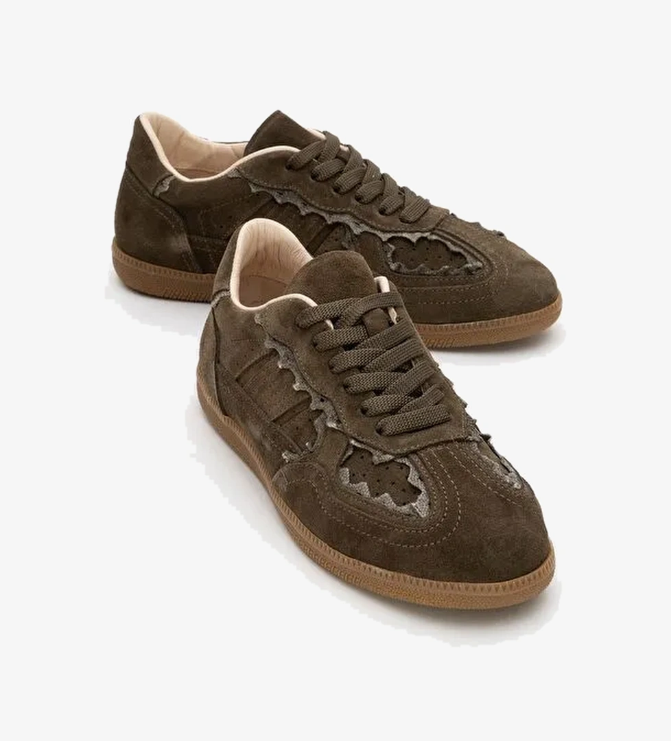 SHİVA Haki Hakiki Deri Kadın Günlük Spor Ayakkabı - Görsel 1