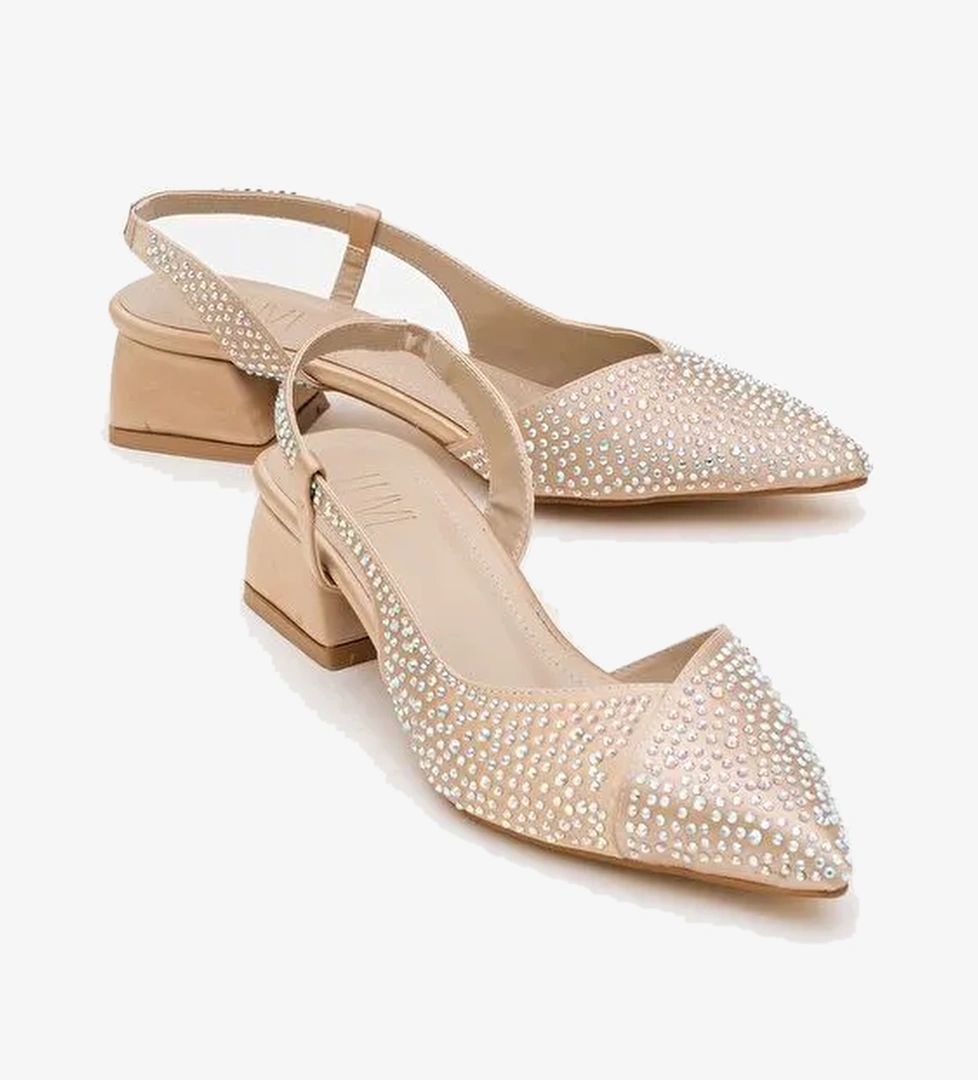 SELLA Bej Saten Taşlı Kadın Kısa Topuklu Ayakkkabı - Görsel 1