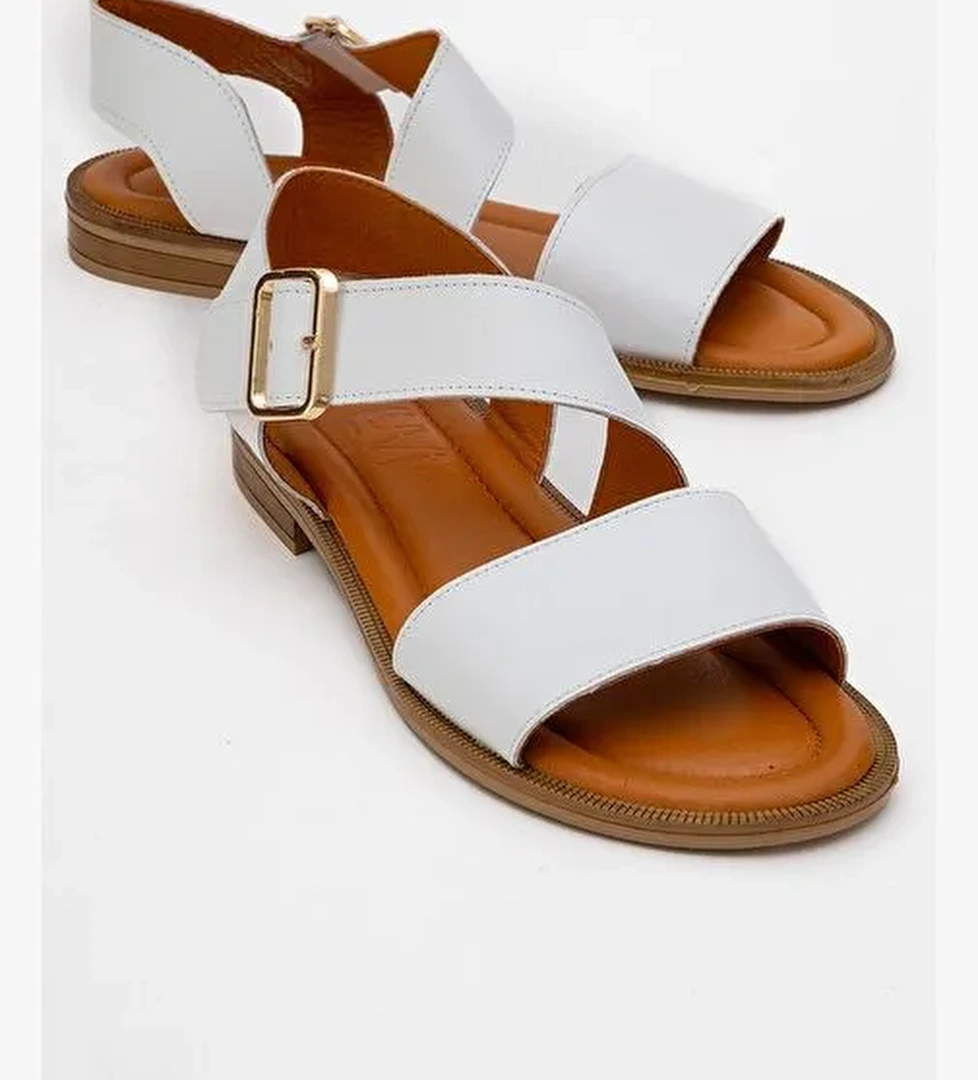 MAJESTY Beyaz Cilt Hakiki Deri Kadın Sandalet - Görsel 1