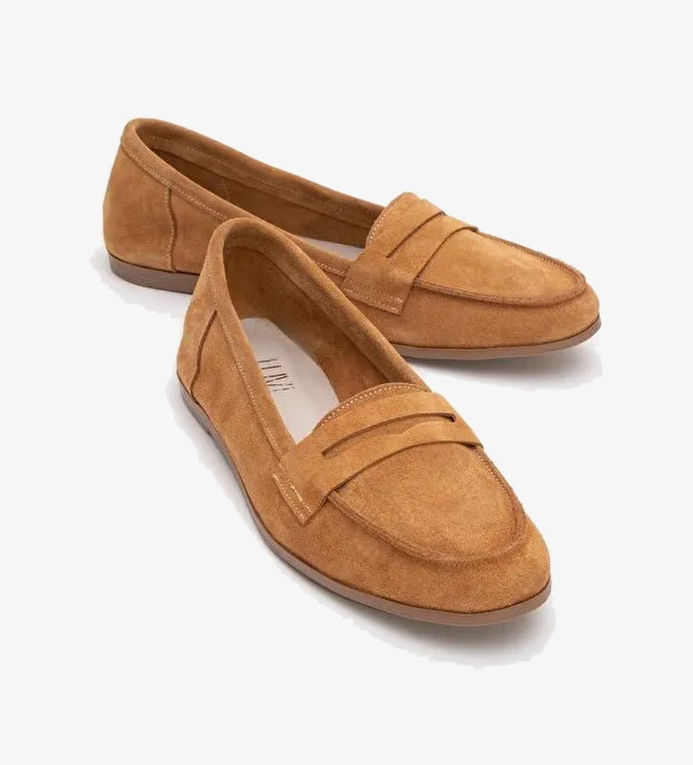 F02 Taba Süet Hakiki Deri Kadın Loafer Ayakkabı - Görsel 1