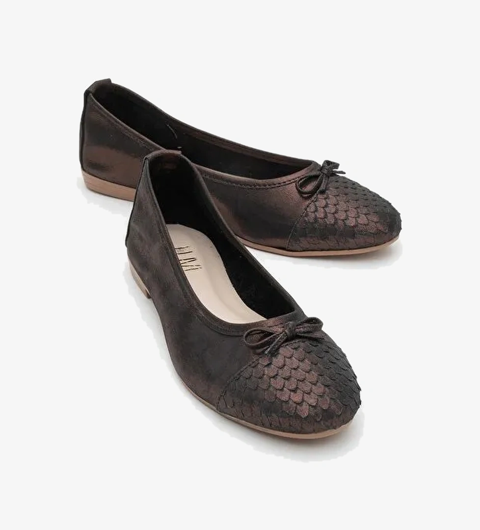 02 Bakır Simli Hakiki Deri Kadın Babet Ayakkabı - Görsel 1