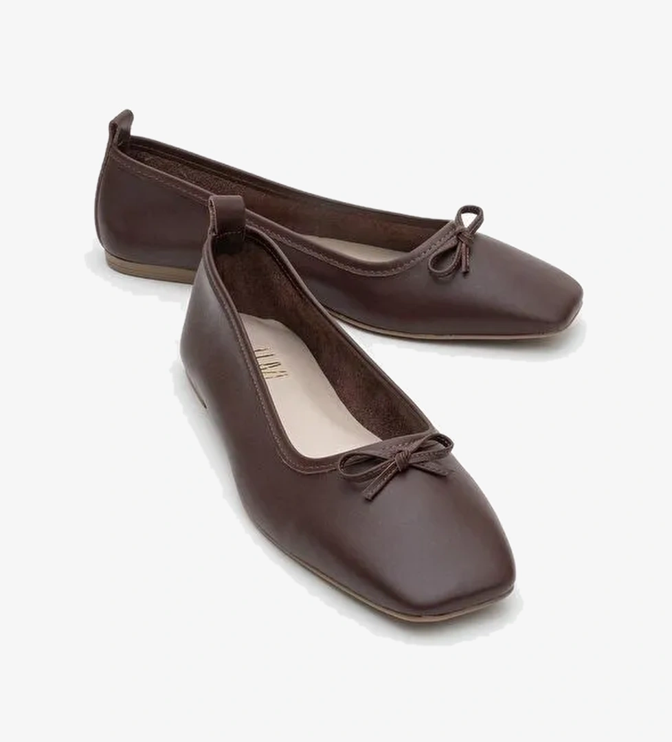 SOSA Kahverengi Cilt Hakiki Deri Küt Burunlu Fiyonklu Kadın Babet Ayakkabı - Görsel 1