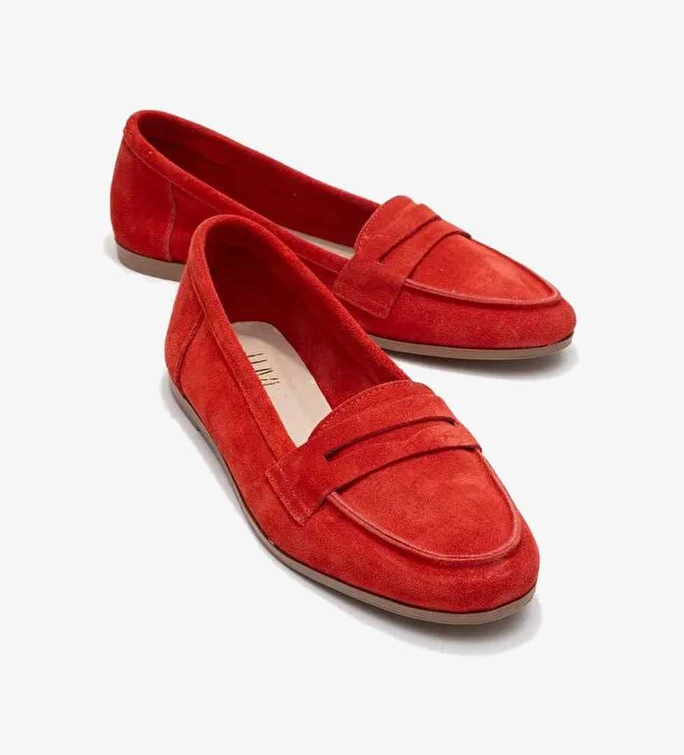 F02 Kırmızı Süet Hakiki Deri Kadın Loafer Ayakkabı - Görsel 1