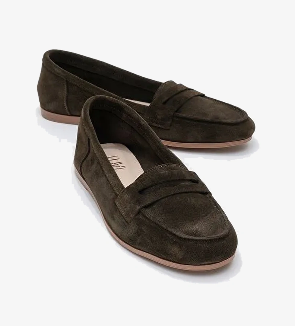 F02 Yeşil Süet Hakiki Deri Kadın Loafer Ayakkabı - Görsel 1