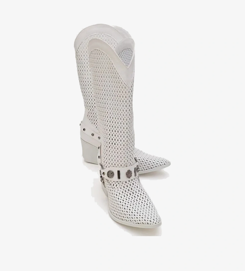 LIZA Beyaz Cilt Kemerli Kalın Topuklu Kadın Yazlık Çizme - Görsel 1