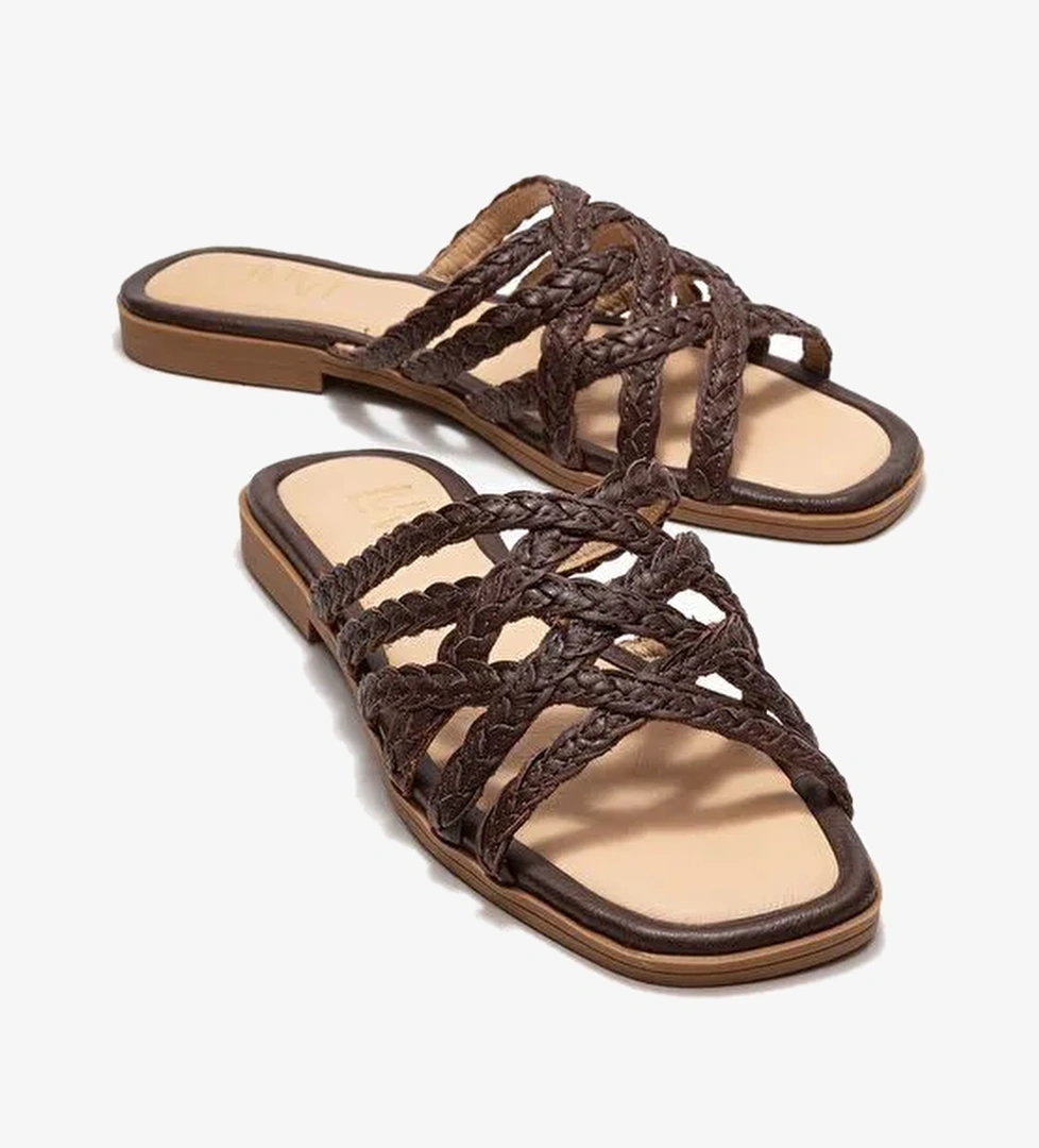 ALISHA Kahverengi Hakiki Deri Örgü Bantlı Kadın Terlik - Görsel 1