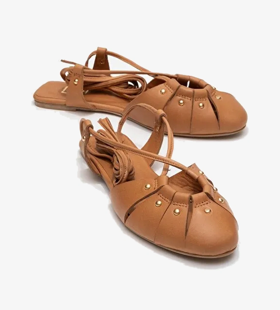 DARIA Taba Hakiki Deri Troklu Bilekten Bağcıklı Kadın Sandalet - Görsel 1