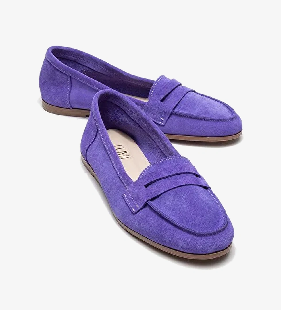 F02 Eflatun Süet Hakiki Deri Kadın Loafer Ayakkabı - Görsel 1