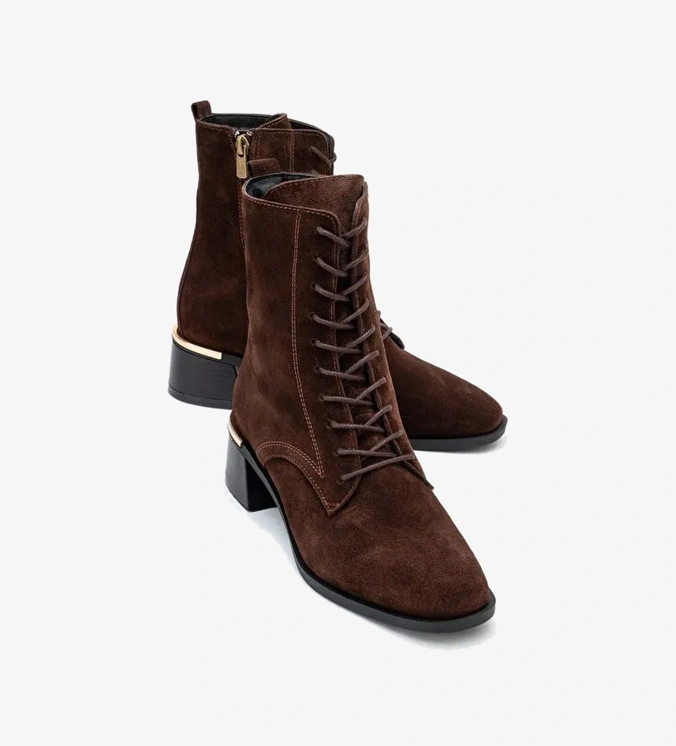 AVIA Kahverengi Süet Hakiki Deri Kadın Kalın Topuklu Bot - Görsel 1