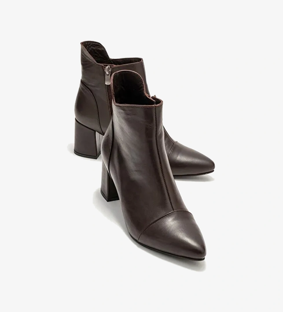 GAEL Kahverengi Cilt Hakiki Deri Kadın Kalın Topuklu Bot - Görsel 1