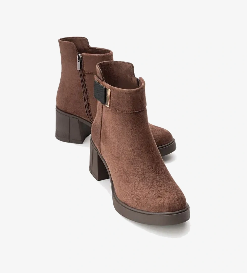 RASHE Kahverengi Süet Kadın Kalın Topuklu Bot - Görsel 1