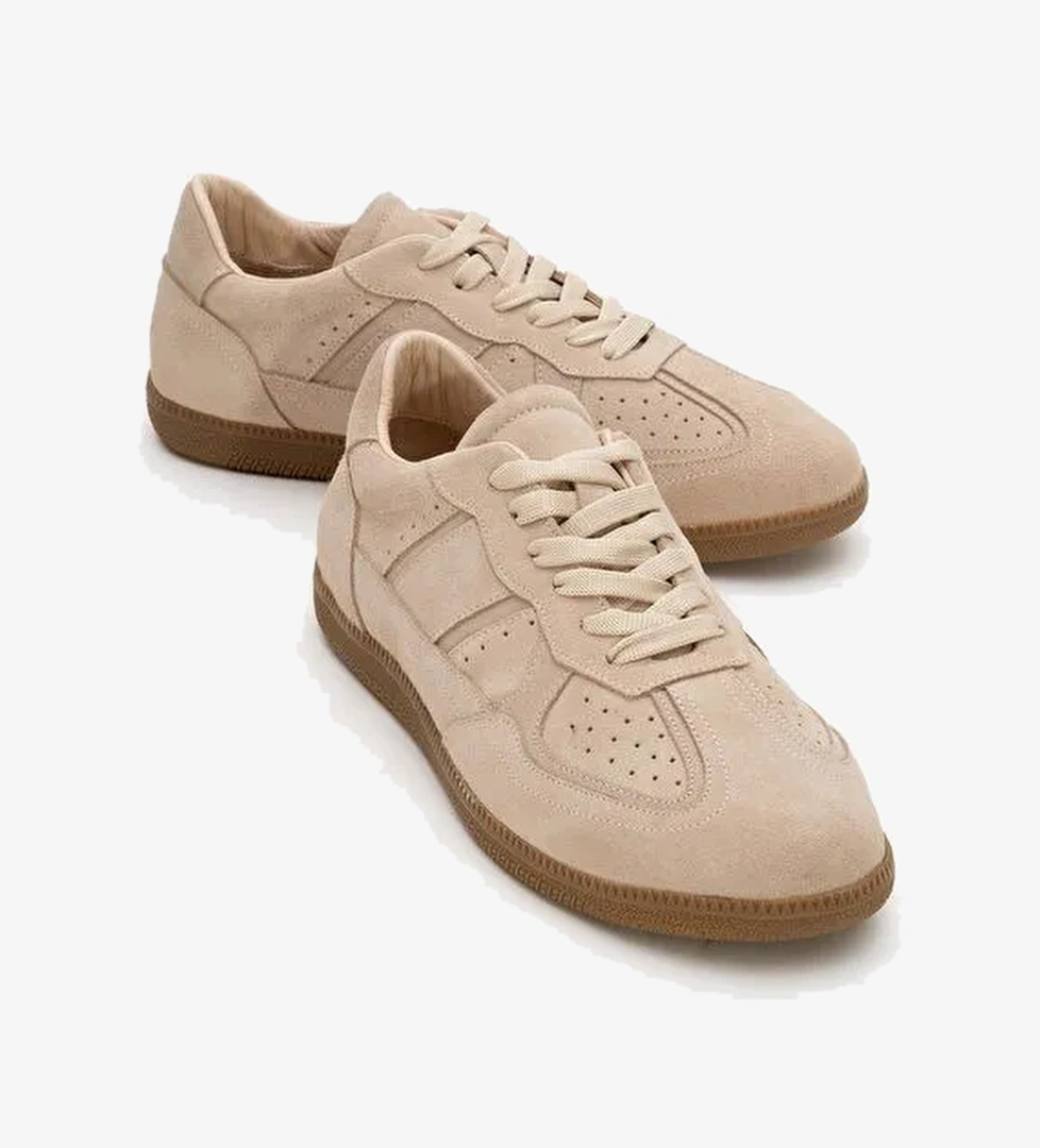 AUREL Bej Süet Hakiki Deri Kadın Günlük Spor Ayakkabı - Görsel 1