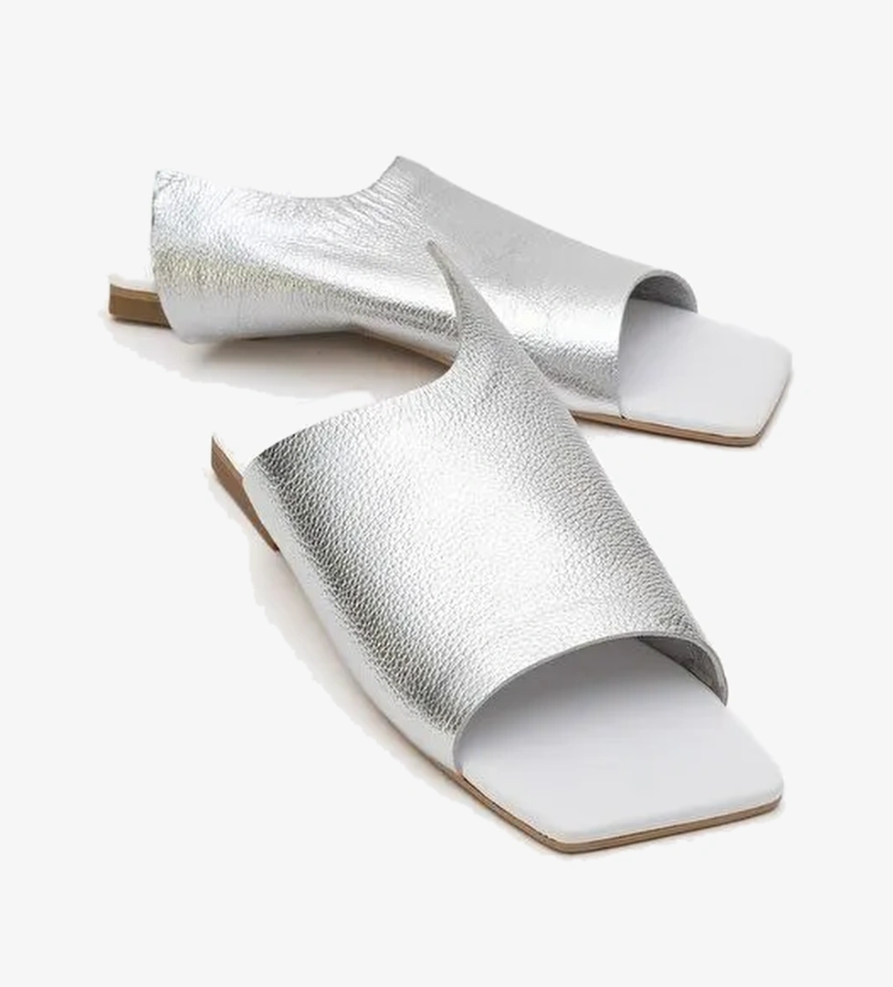 LUCKY Gümüş Hakiki Deri Kadın Terlik - Görsel 1