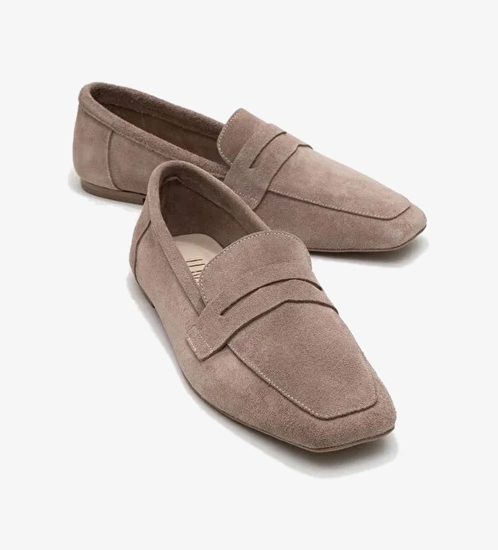 MORNE Vizon Süet Hakiki Deri Kadın Loafer Ayakkabı - Görsel 1