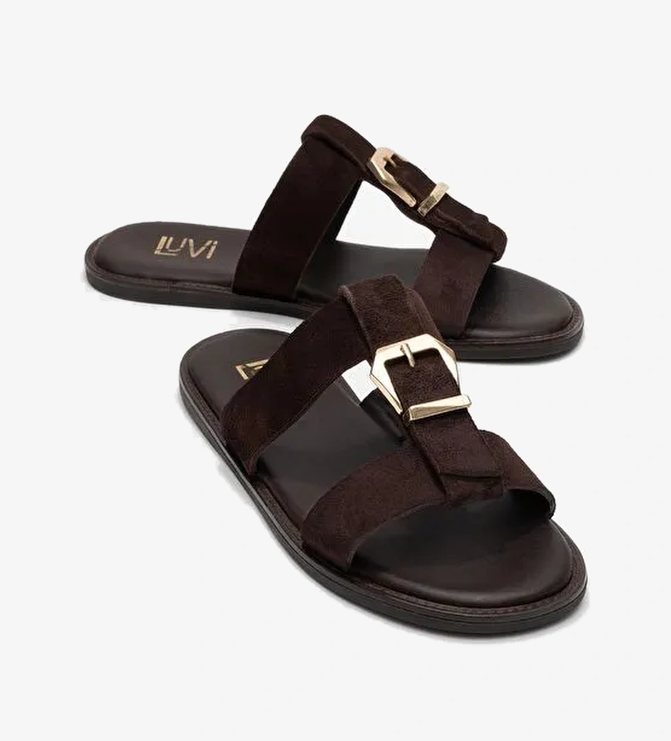 SVETA Kahverengi Süet Tokalı Hakiki Deri Kadın Terlik - Görsel 1