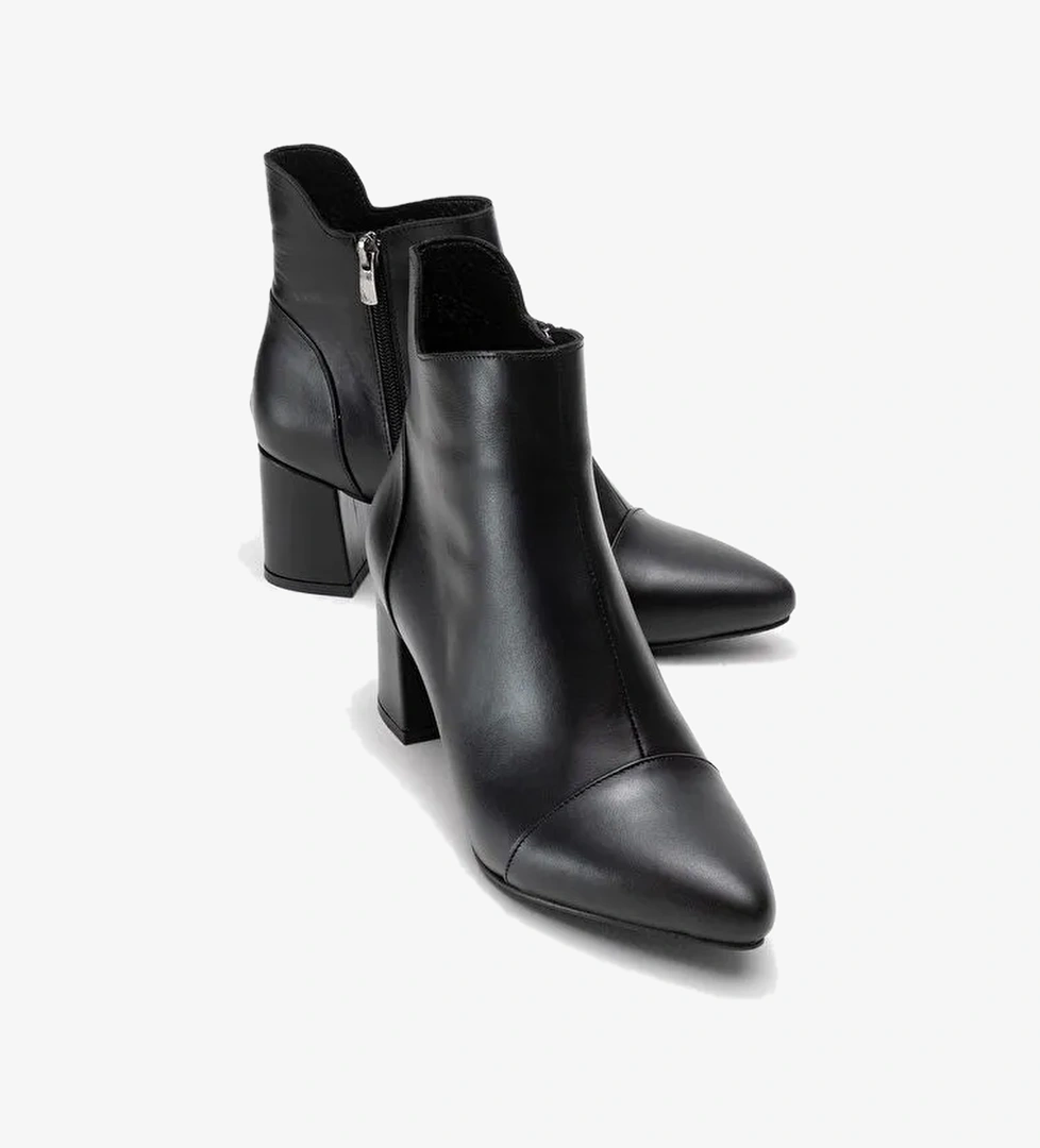 GAEL Siyah Cilt Hakiki Deri Kadın Kalın Topuklu Bot - Görsel 1