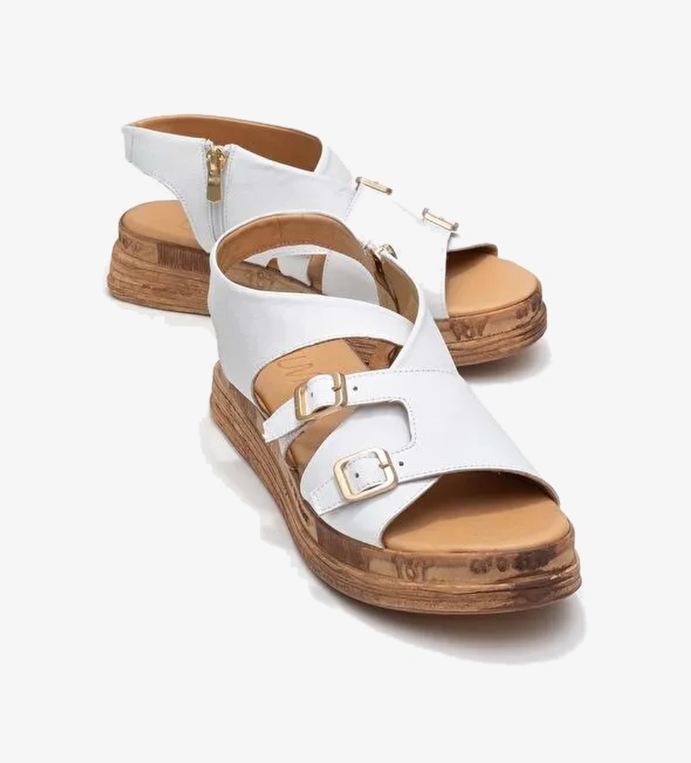 LEVINE Beyaz Hakiki Deri Tokalı Yandan Fermuarlı Kadın Sandalet - Görsel 1